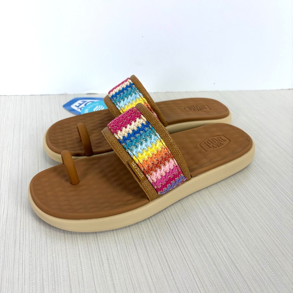 HEYDUDE Maui Breeze Toe Loop Sandal Rainbow Tan Women's Size 7 NEW